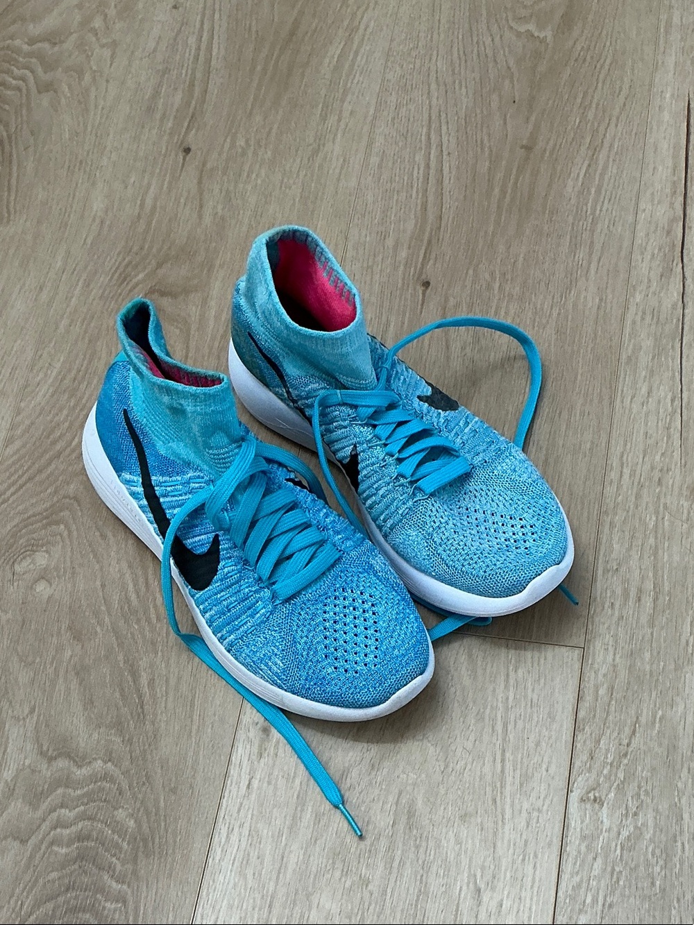 Nike Women's Flyknit Lunarepic Running Shoes - Teal/Black with Pink Lining